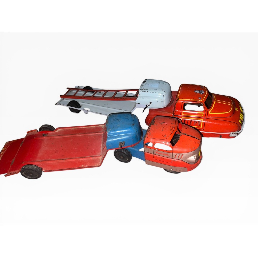 Vintage Wyandotte Pressed Steel Toy Truck Lot Fire Truck & Car Hauler 1950s